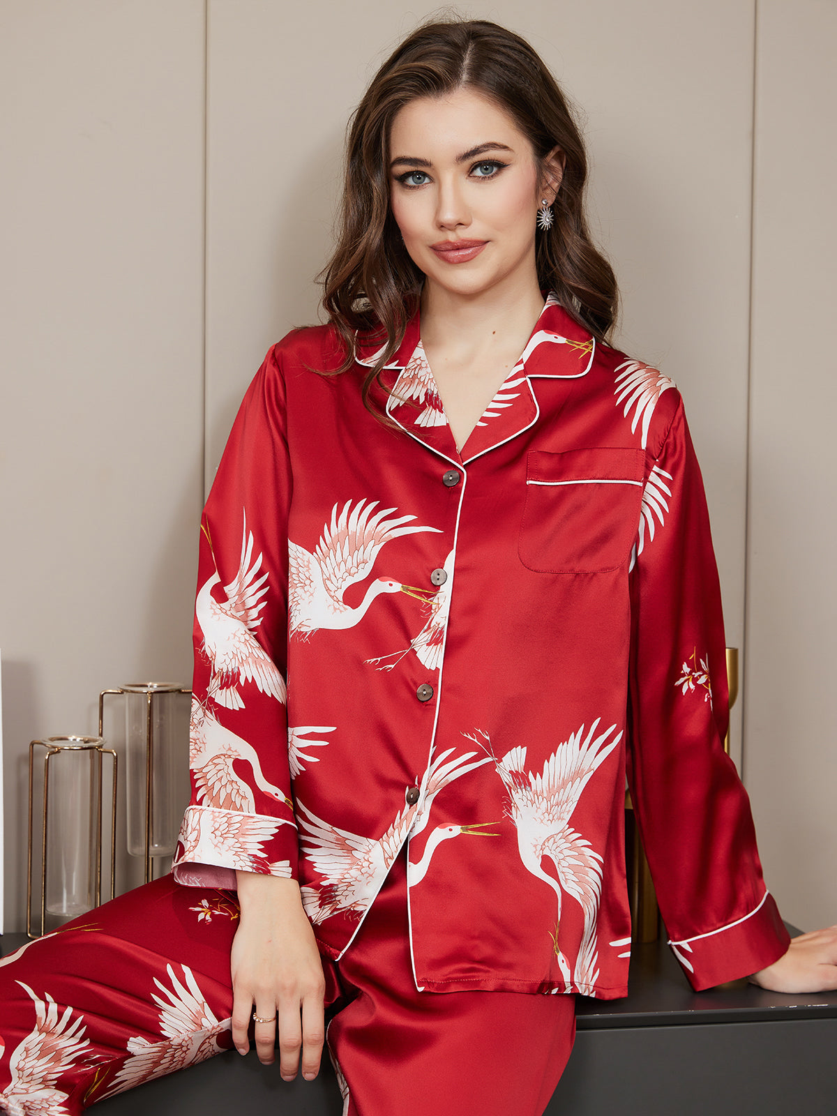 [Dark Red] SilkSilky 19Momme Pure Silk Long Sleeve Lapel Women's Pajamas 005