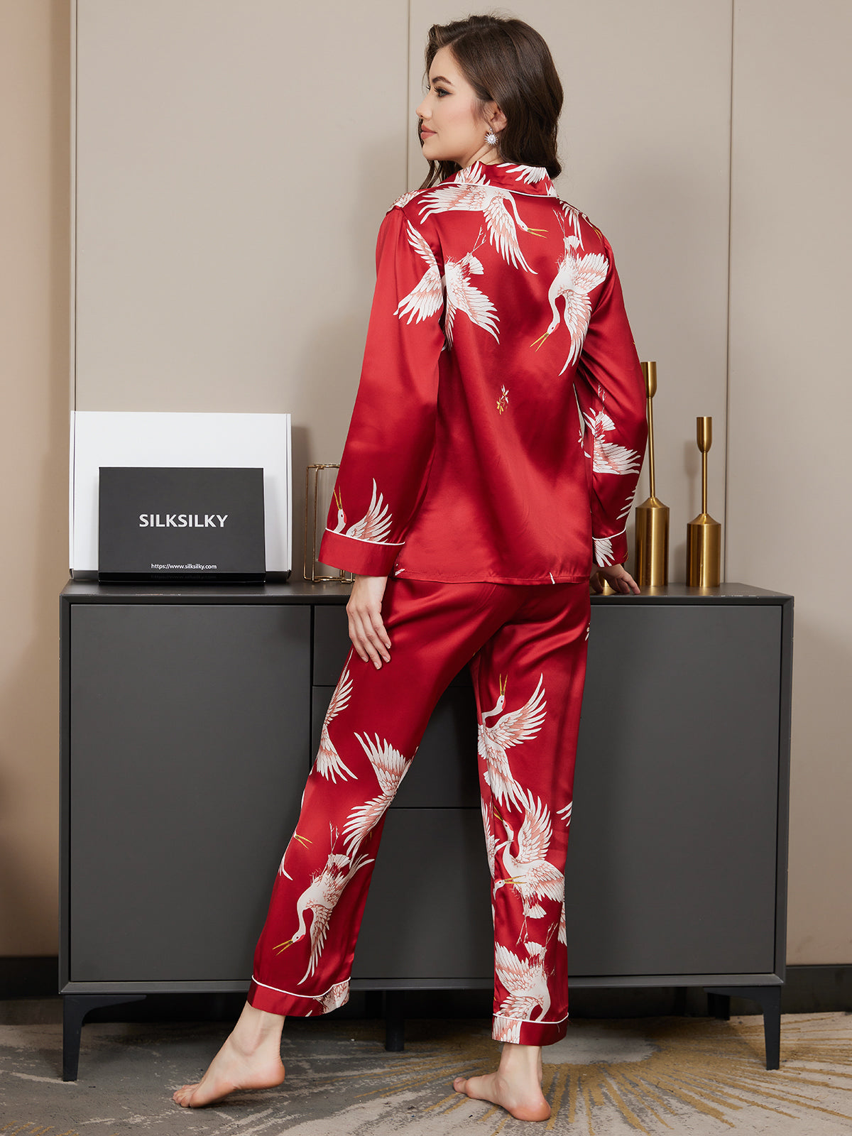 [Dark Red] SilkSilky 19Momme Pure Silk Long Sleeve Lapel Women's Pajamas 006