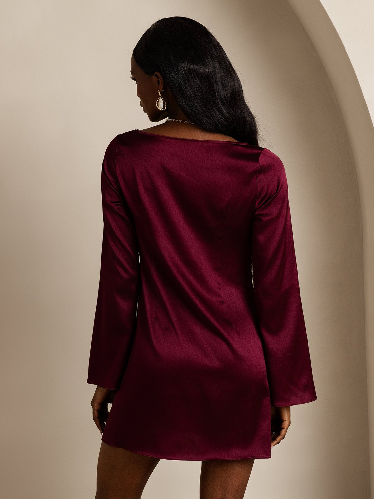 [Dark Red] SilkSilky 19Momme Silk Long Sleeve Boat Neck Dress 002