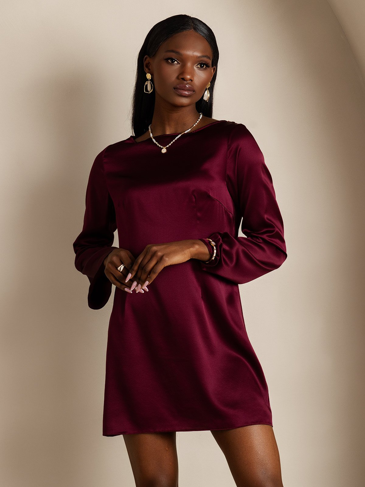 [Dark Red] SilkSilky 19Momme Silk Long Sleeve Boat Neck Dress 003