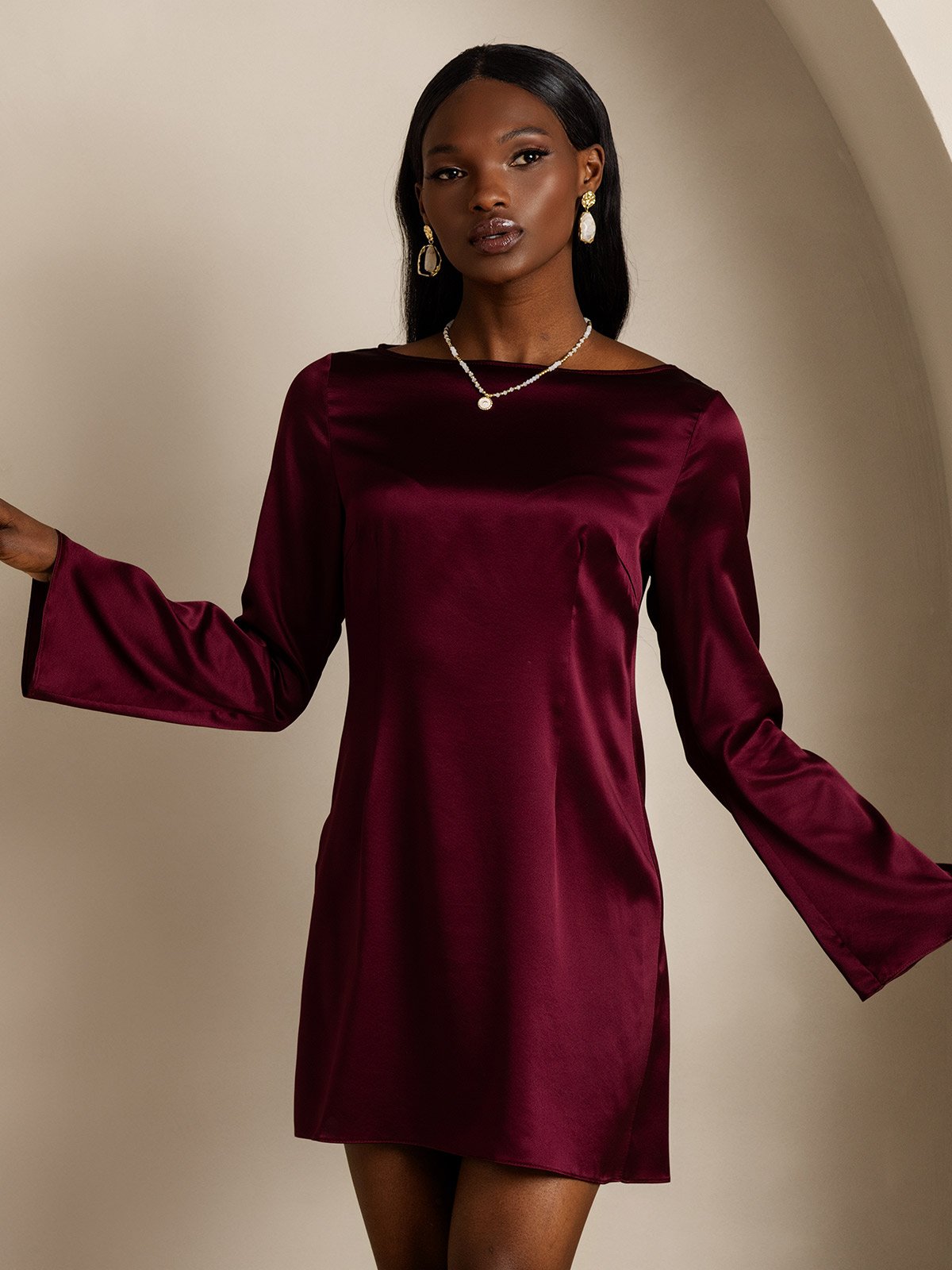 [Dark Red] SilkSilky 19Momme Silk Long Sleeve Boat Neck Dress 004
