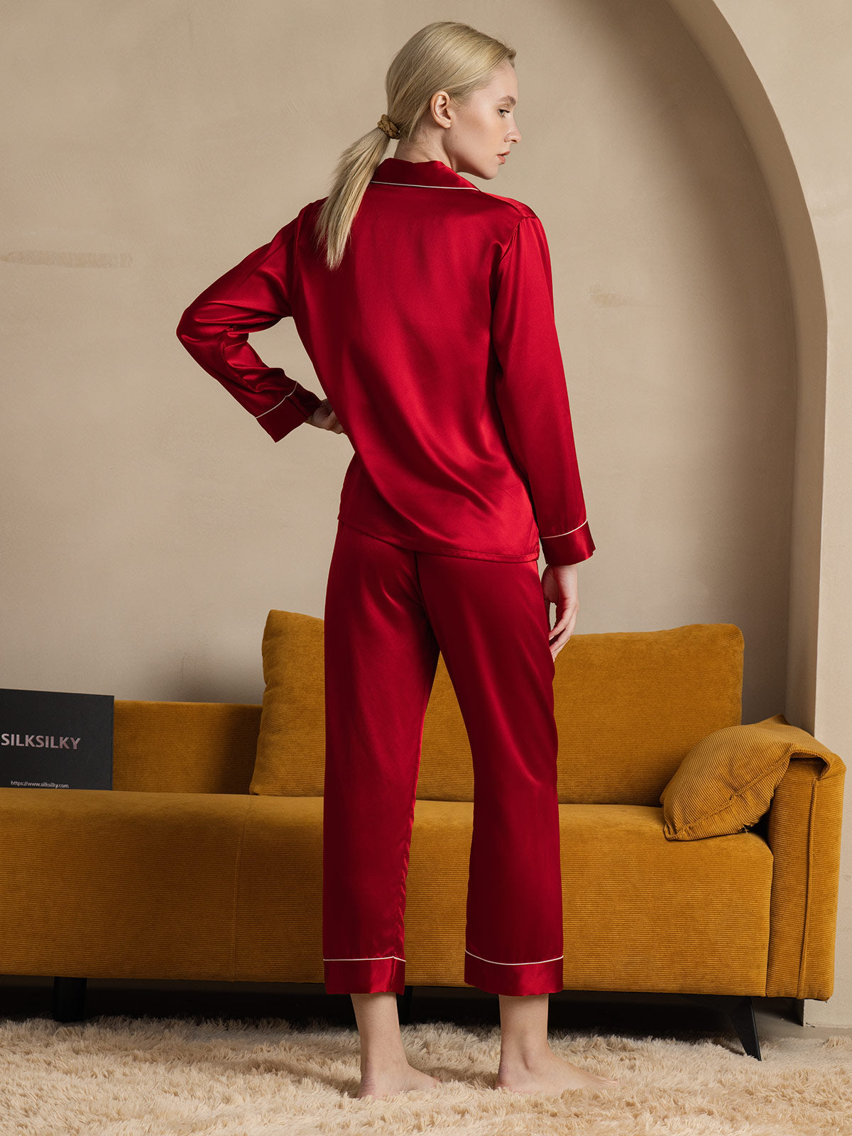 [Dark Red] SilkSilky 22Momme Pure Silk Long Sleeve Lapel Women's Pajamas 002