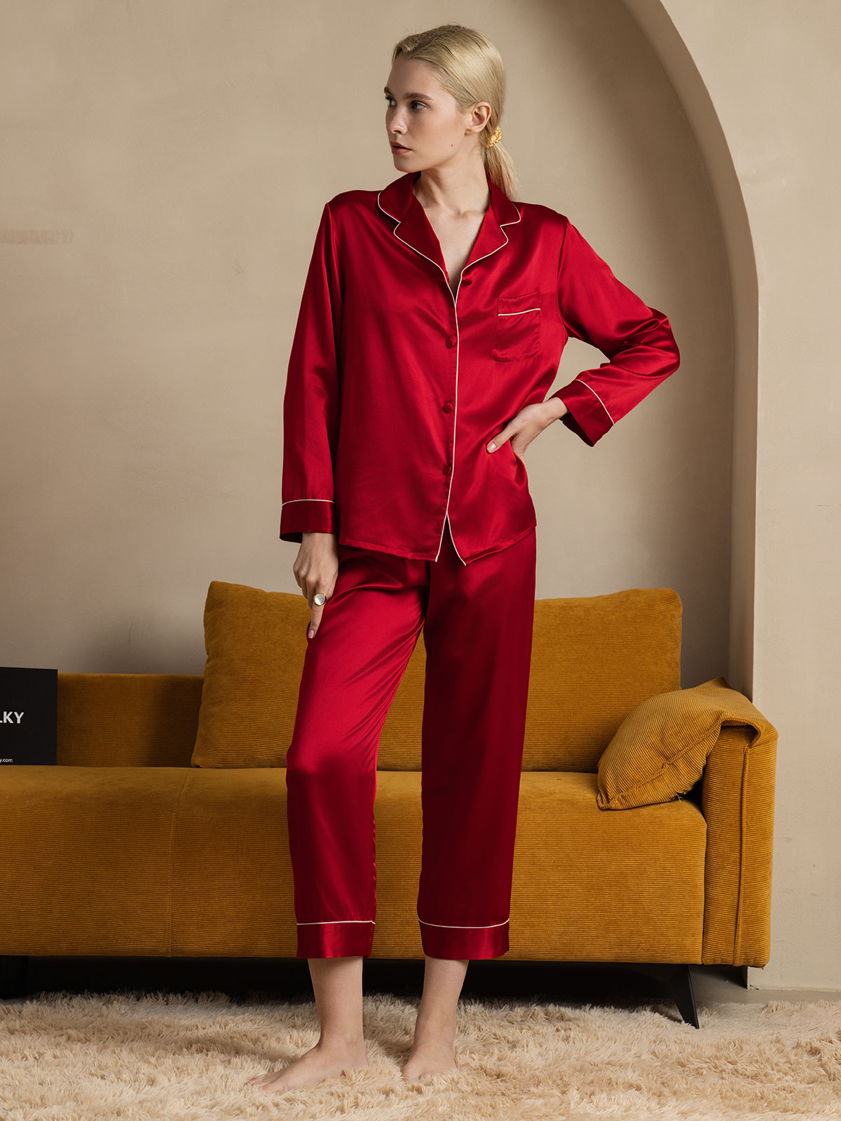 [Dark Red] SilkSilky 22Momme Pure Silk Long Sleeve Lapel Women's Pajamas 005