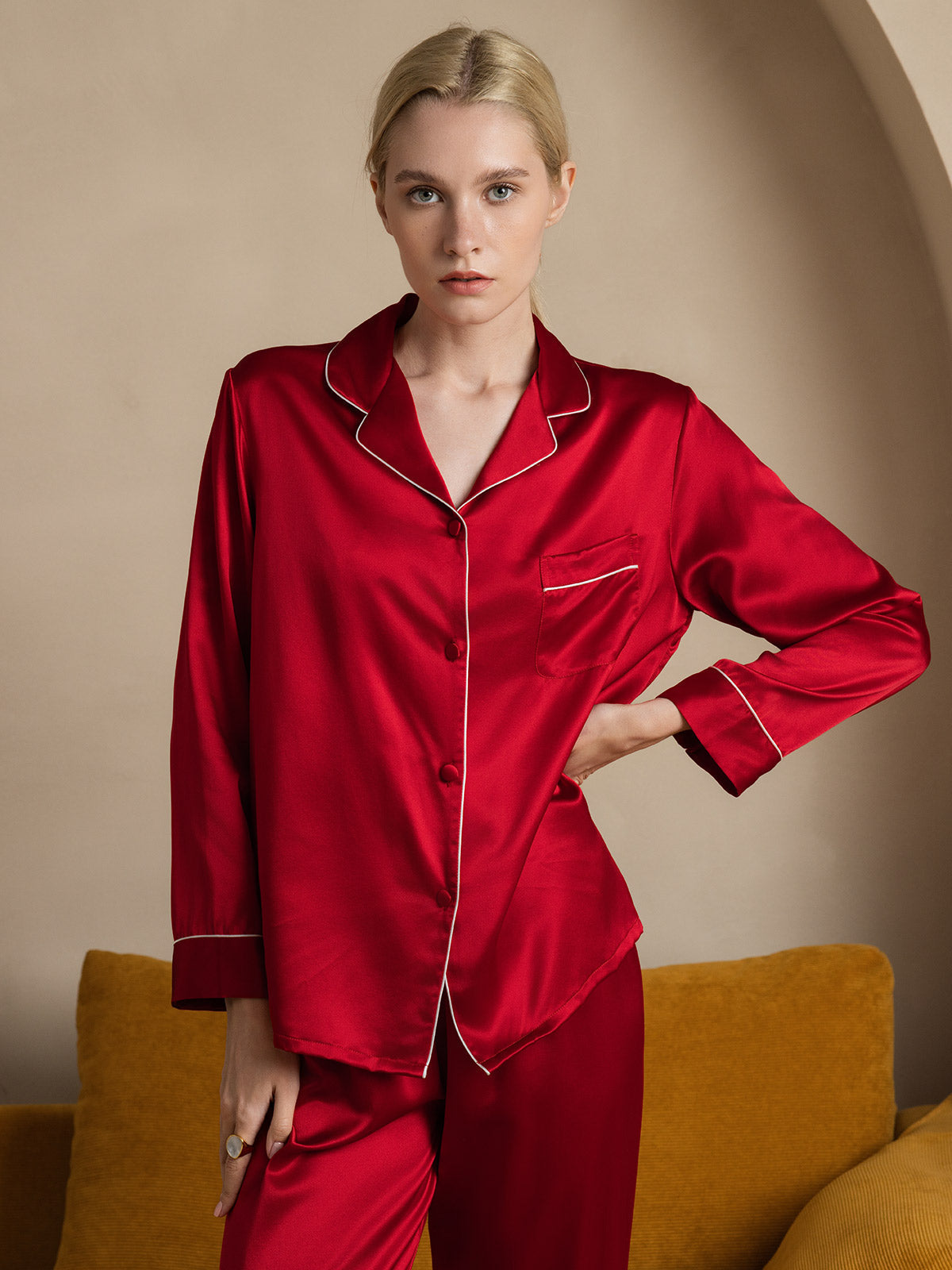 [Dark Red] SilkSilky 22Momme Pure Silk Long Sleeve Lapel Women's Pajamas 006