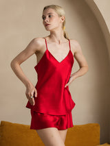 [Dark Red] SilkSilky  22Momme Spaghetti Strap V Neck Camisole Set 004