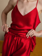 [Dark Red] SilkSilky  22Momme Spaghetti Strap V Neck Camisole Set 006