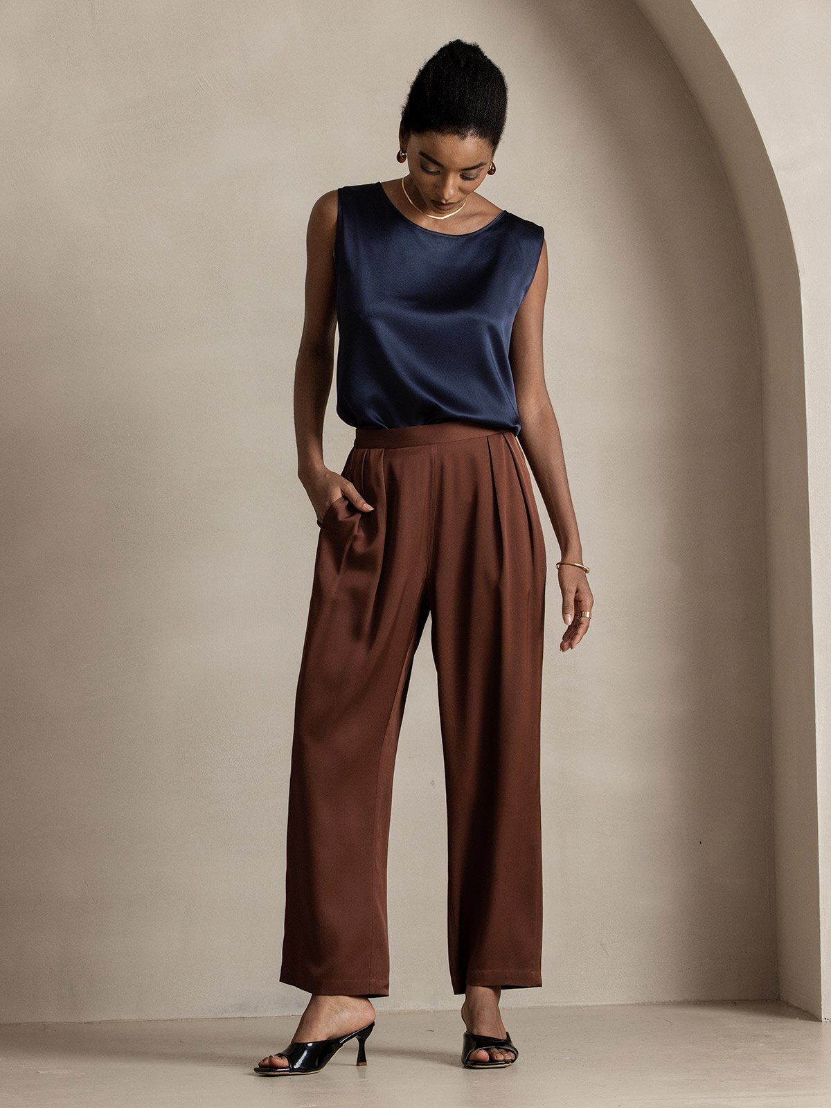 [Dark Red] SilkSilky  22Momme Pure Silk Womens Pants 005