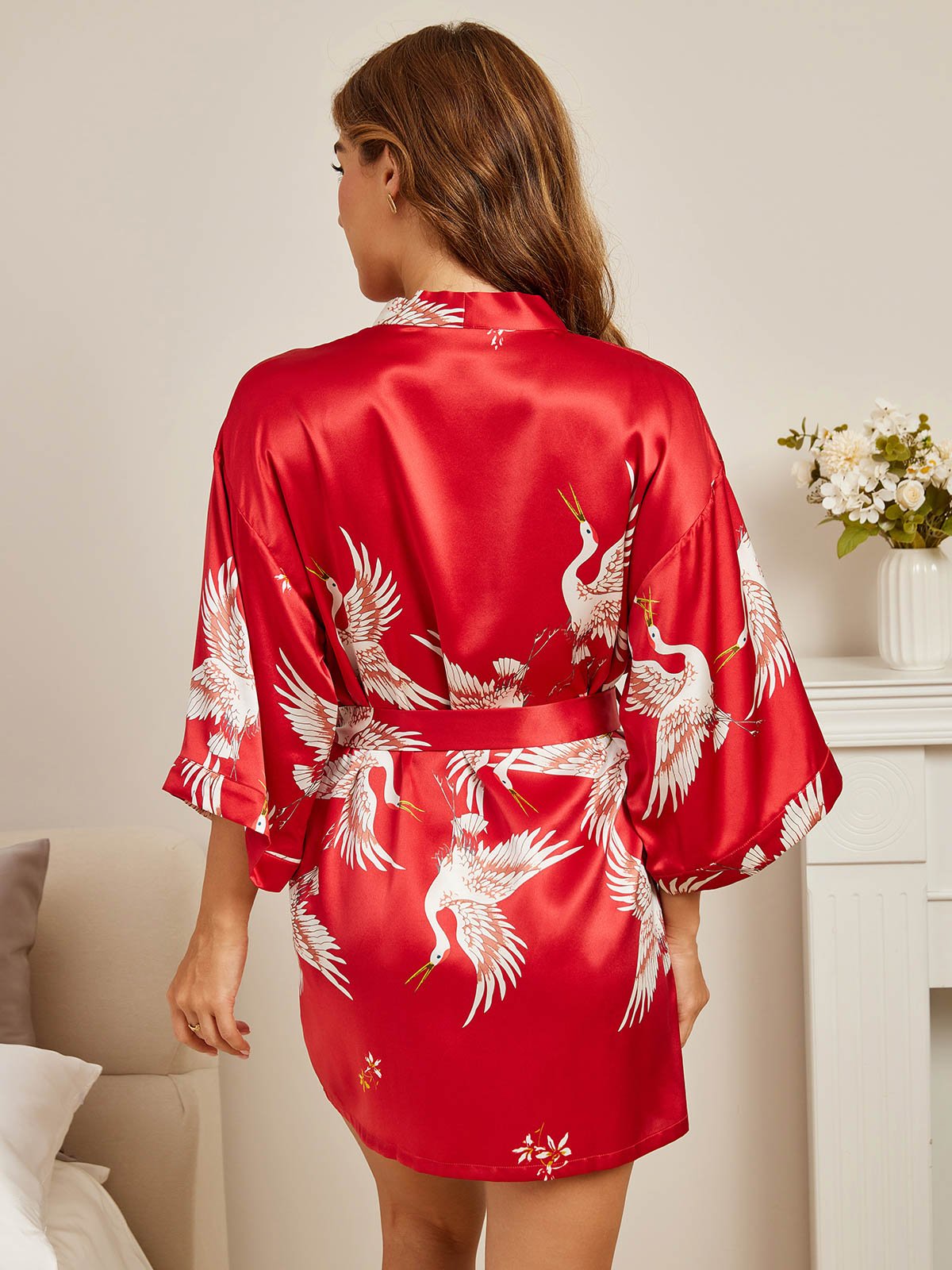 [Dark Red] SilkSilky Pure Silk 3/4 Sleeve Deep V Neck Women's Robe 002