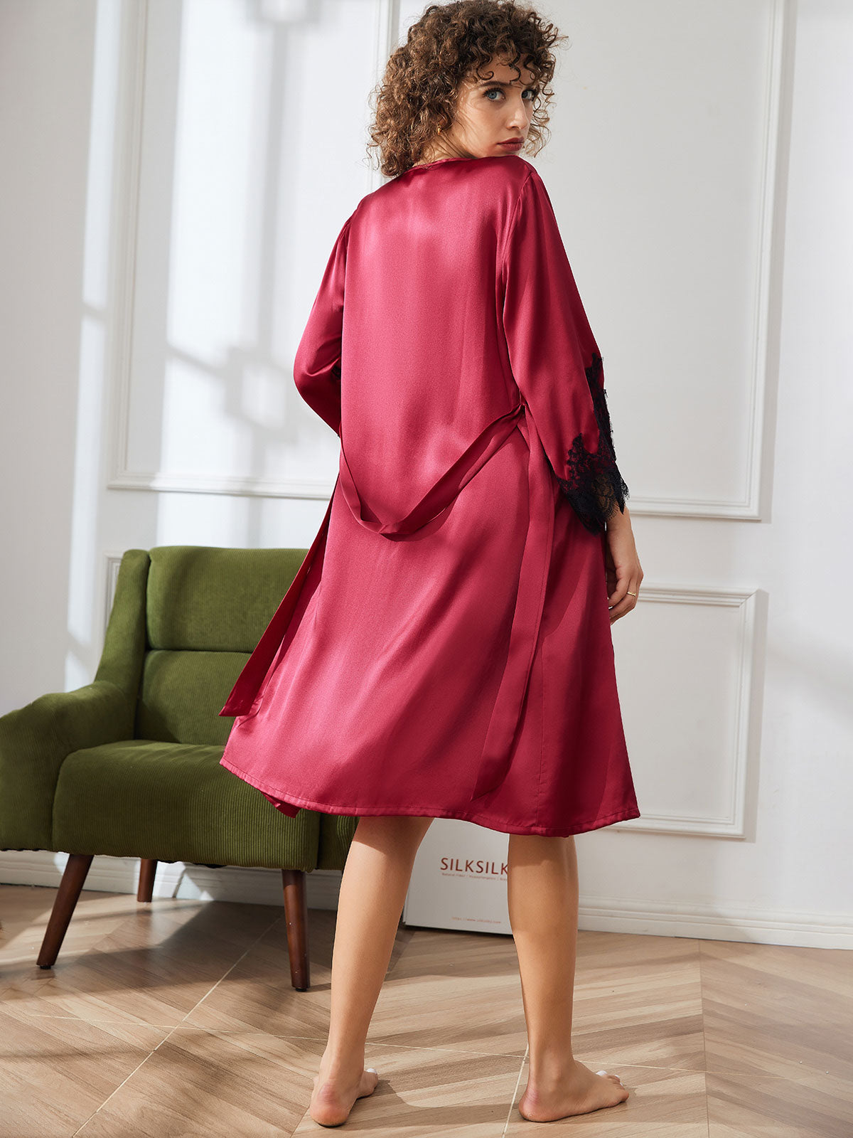 [Dark Red] SilkSilky Pure Silk 3/4 Sleeve Nightgown&Robe Set 002