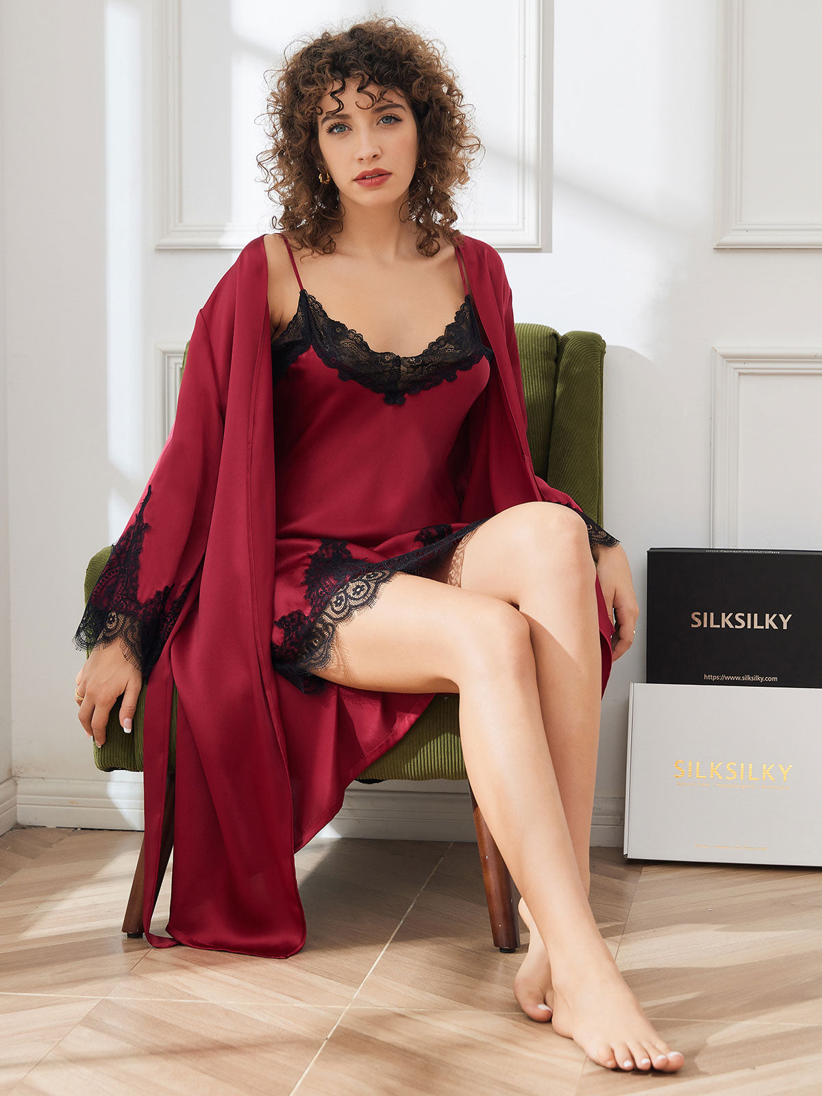 [Dark Red] SilkSilky Pure Silk 3/4 Sleeve Nightgown&Robe Set 003