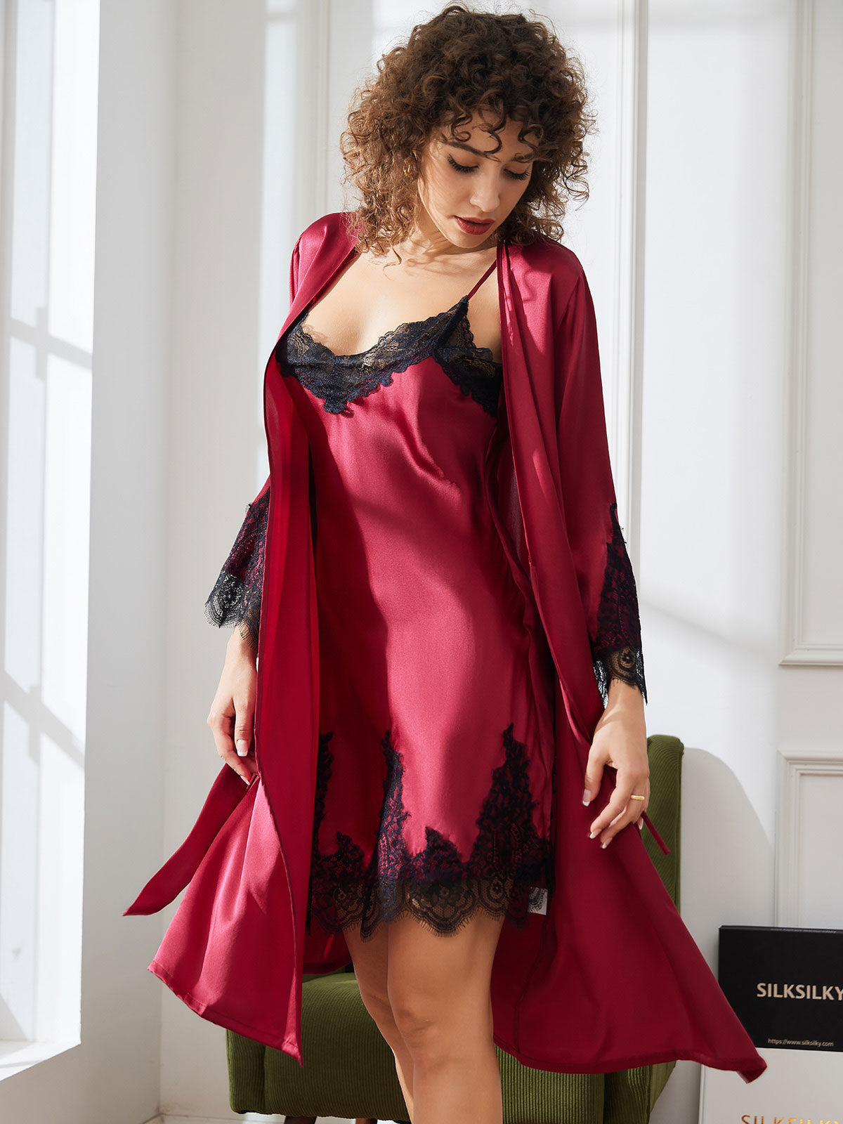 [Dark Red] SilkSilky Pure Silk 3/4 Sleeve Nightgown&Robe Set 004