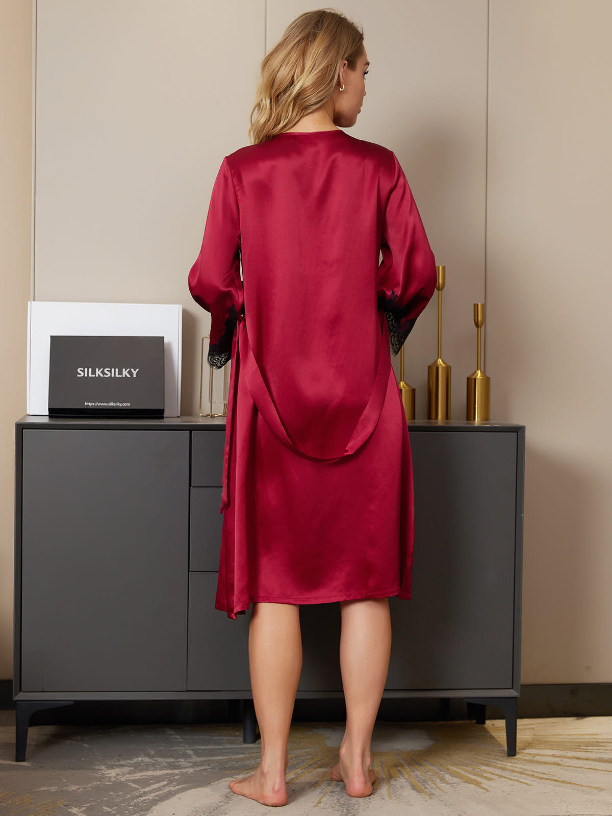 [Dark Red] SilkSilky Pure Silk 3/4 Sleeve Womens Robe 002