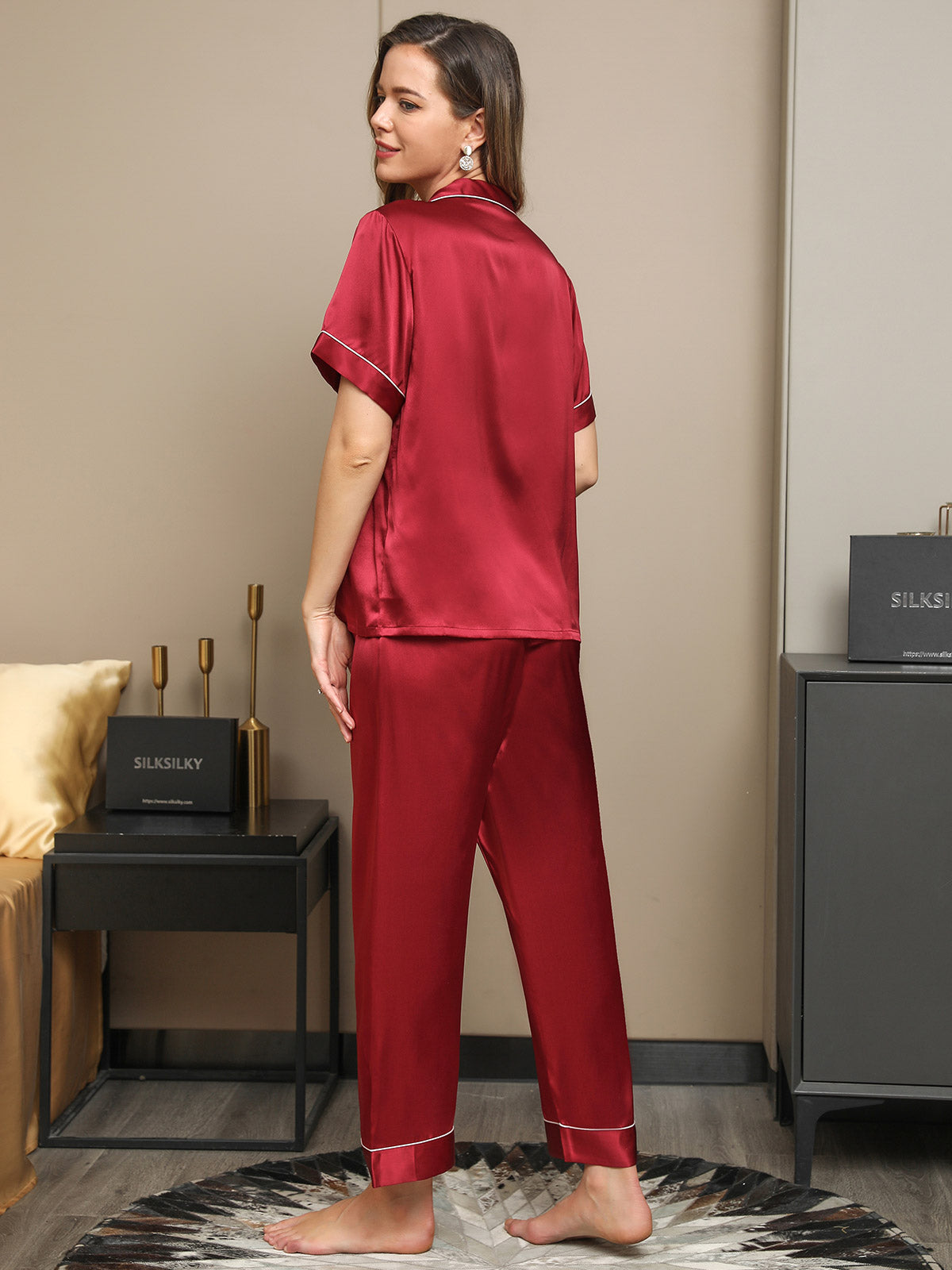 [Dark Red] SilkSilky Pure Silk Short Sleeve Lapel Women's Pajamas 002