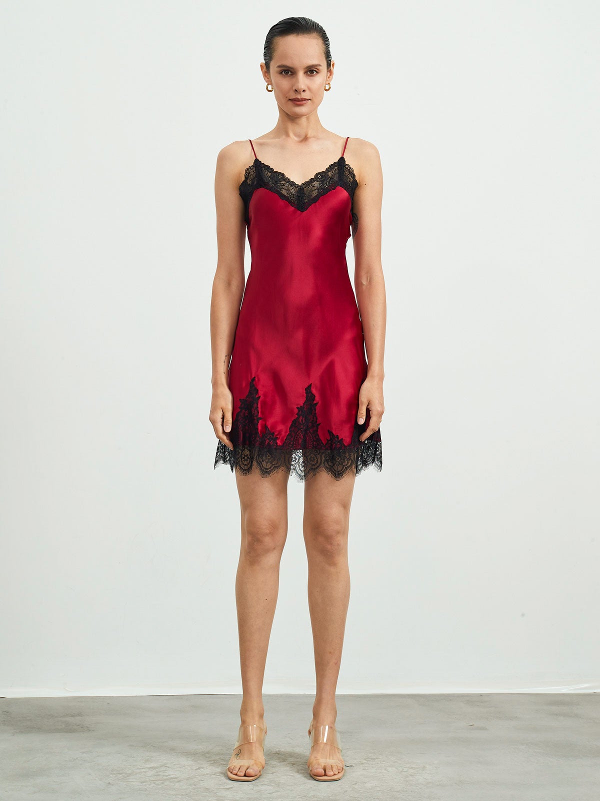 [Dark Red] SilkSilky Pure Silk Sleeveless V Neck Nightgown 004