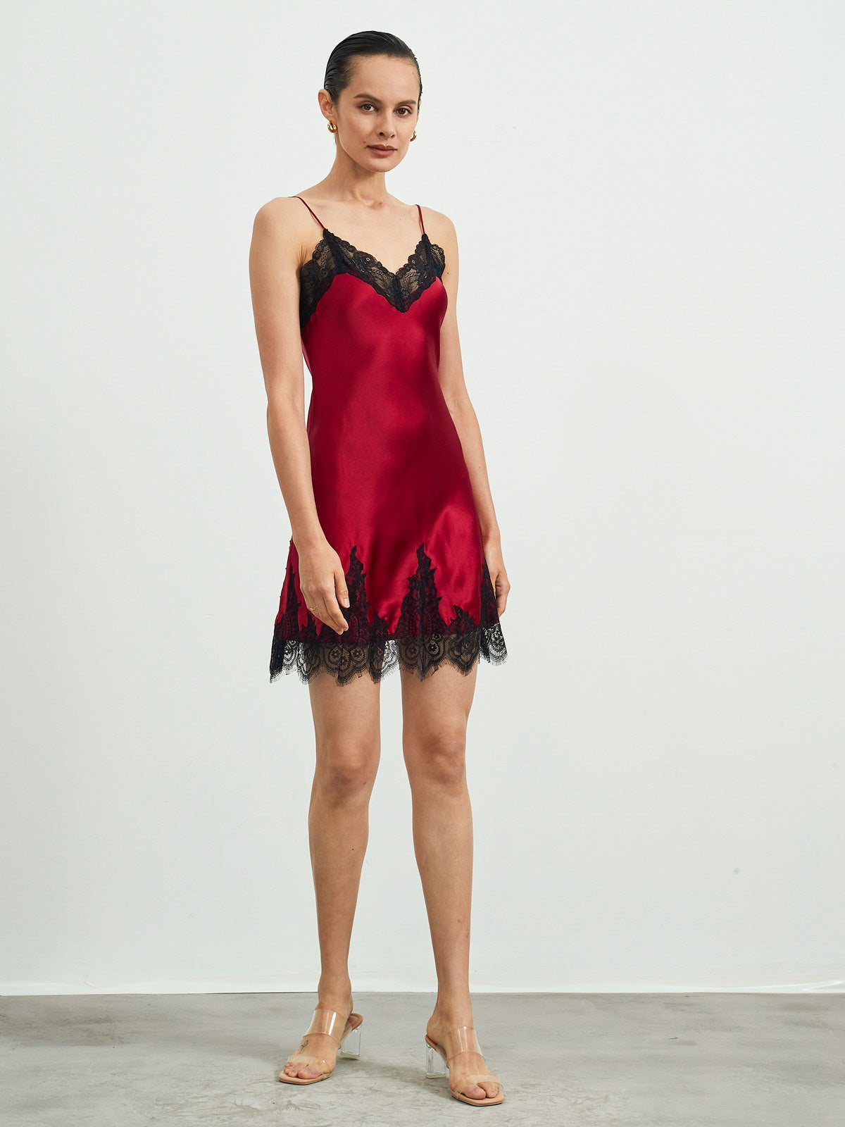 [Dark Red] SilkSilky Pure Silk Sleeveless V Neck Nightgown 005