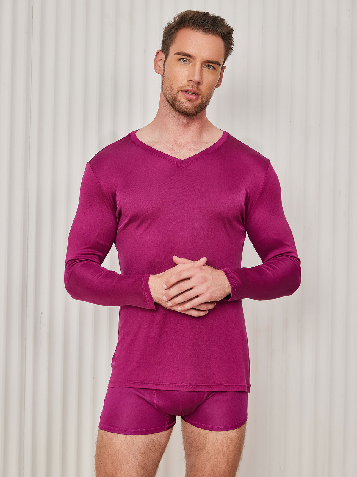 [Dark Red] SilkSilky Silk Knitted Long Sleeve V Neck Men's T-Shirt 001