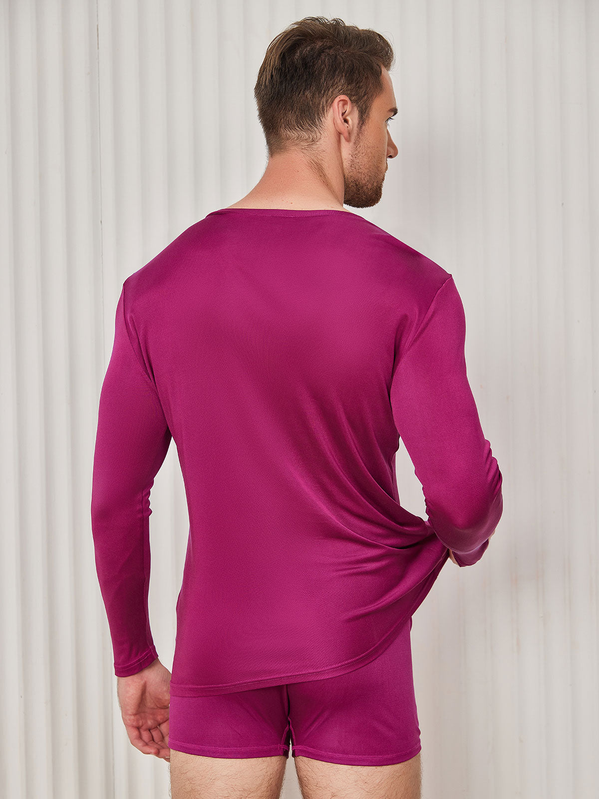 [Dark Red] SilkSilky Silk Knitted Long Sleeve V Neck Men's T-Shirt 002