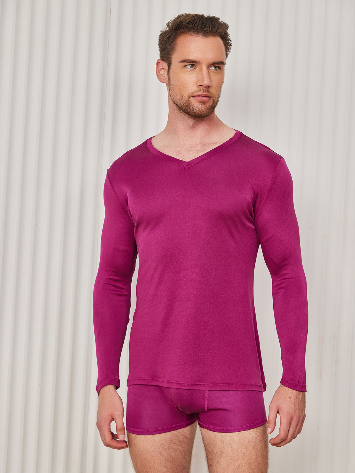 [Dark Red] SilkSilky Silk Knitted Long Sleeve V Neck Men's T-Shirt 003