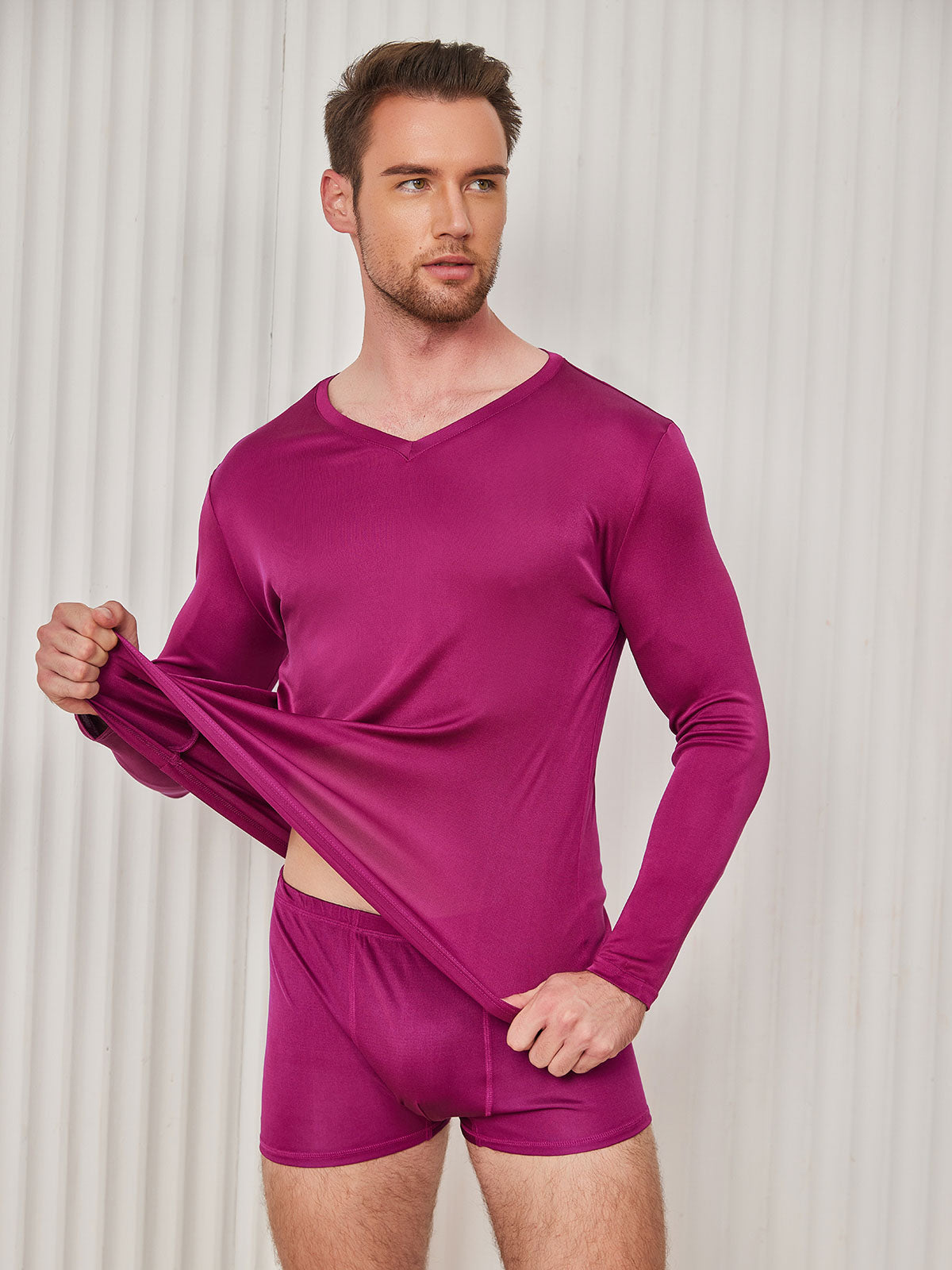 [Dark Red] SilkSilky Silk Knitted Long Sleeve V Neck Men's T-Shirt 004