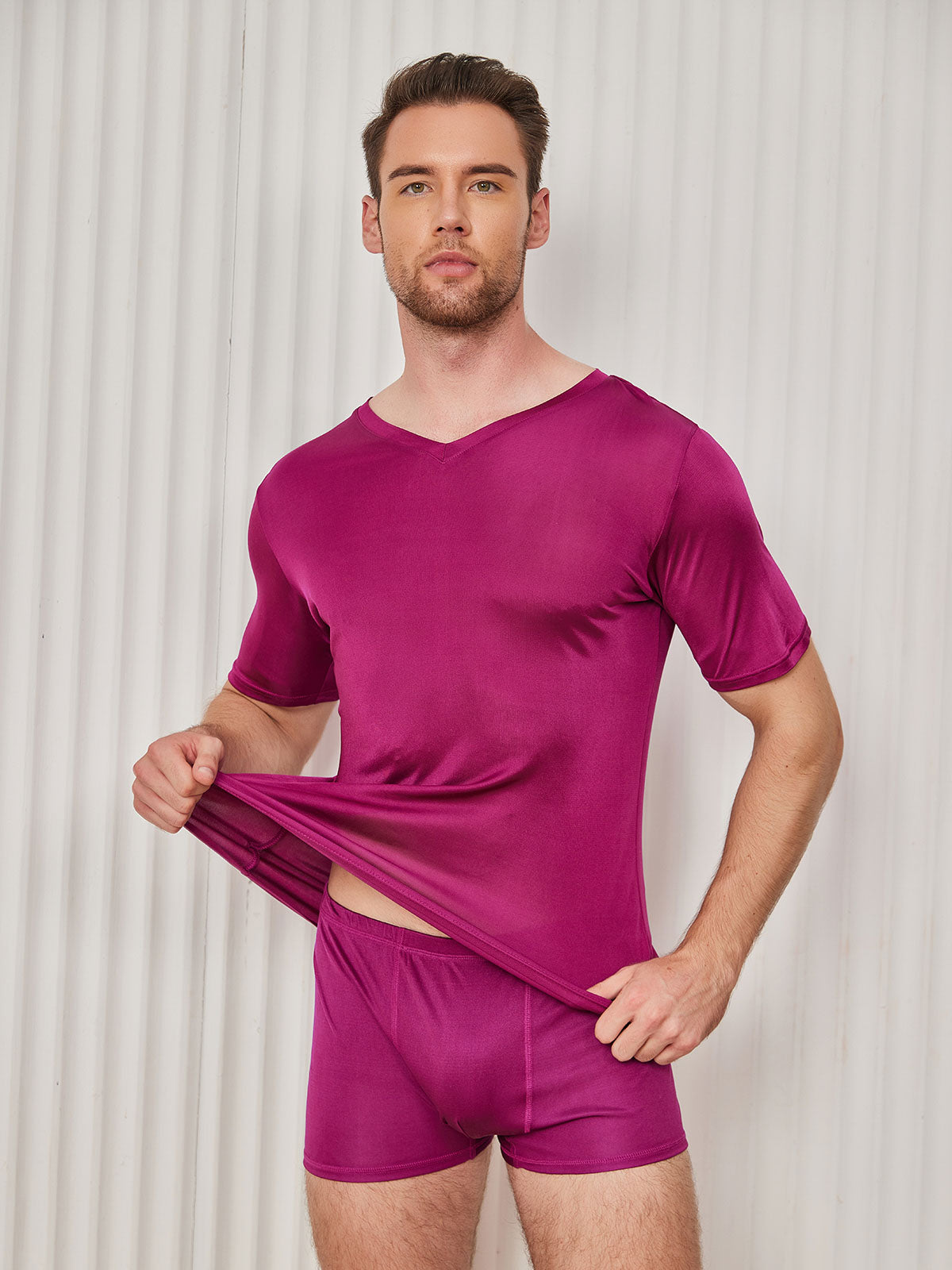 [Dark Red] SilkSilky Silk Knitted Short Sleeve V Neck Men's T-Shirt 001
