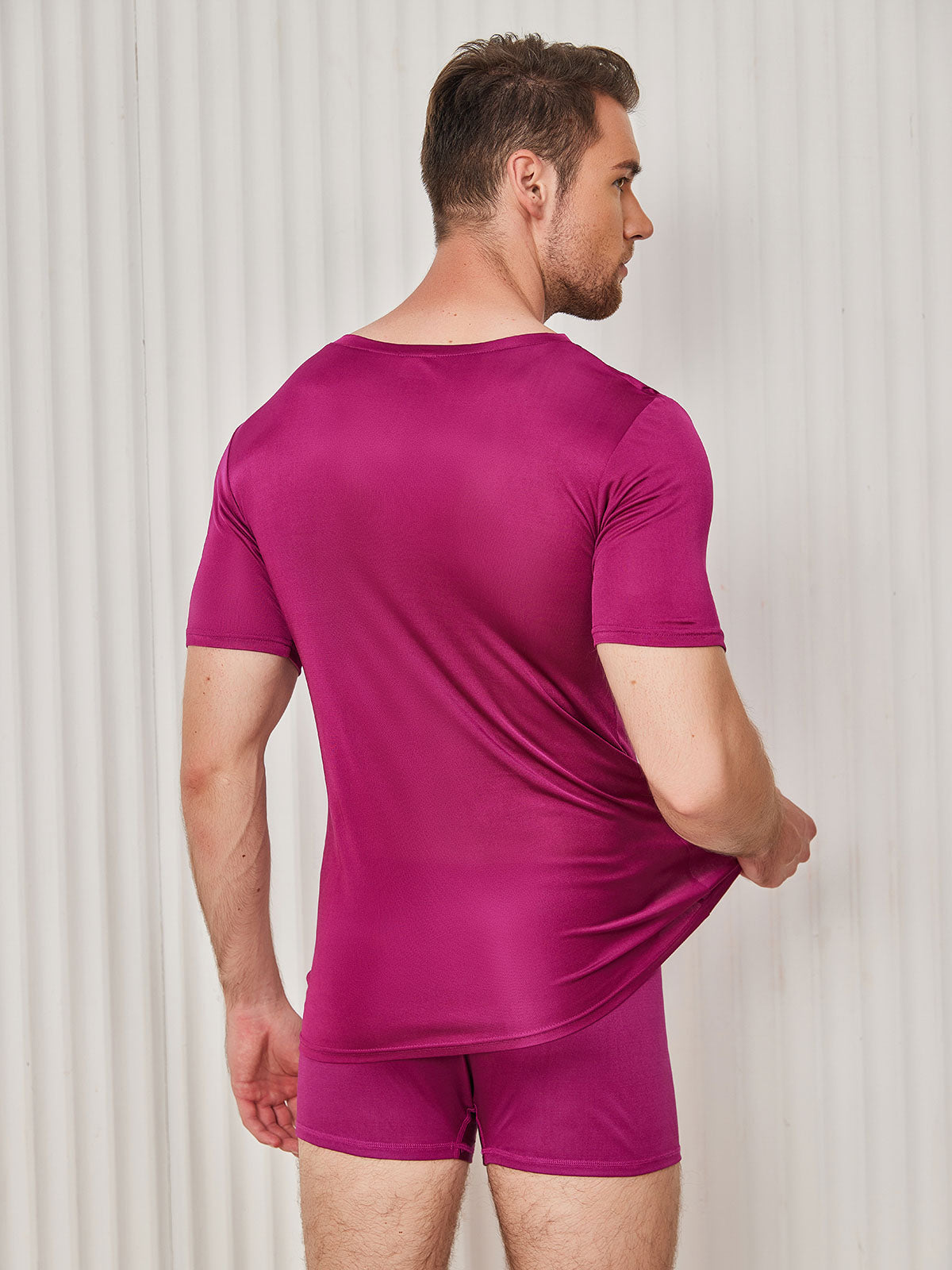 [Dark Red] SilkSilky Silk Knitted Short Sleeve V Neck Men's T-Shirt 002
