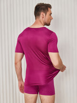 [Dark Red] SilkSilky  Short Sleeve V Neck Men's T-Shirt 002