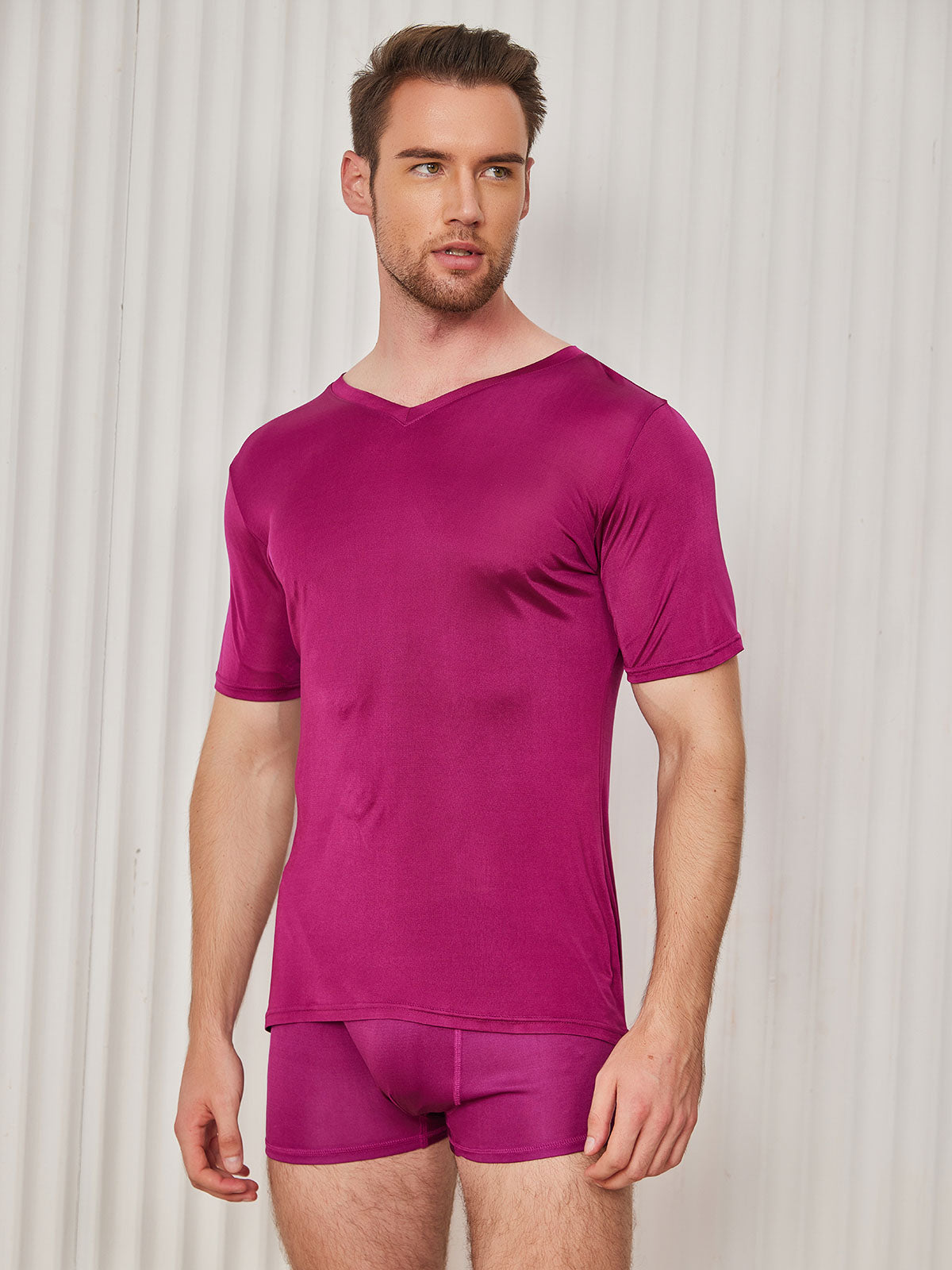[Dark Red] SilkSilky Silk Knitted Short Sleeve V Neck Men's T-Shirt 003