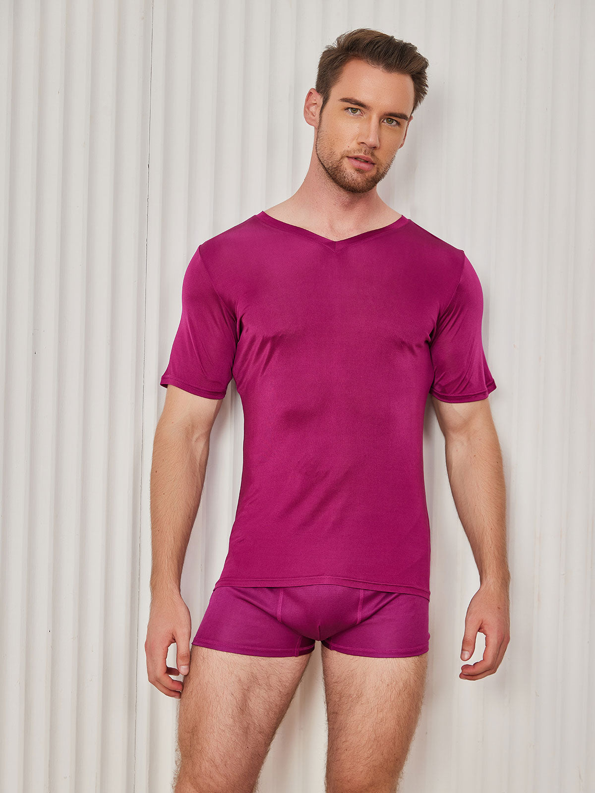 [Dark Red] SilkSilky Silk Knitted Short Sleeve V Neck Men's T-Shirt 004