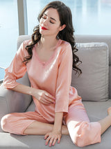 [Deep Pink] SilkSilky  3/4 Sleeve V Neck Women's Pajamas 001