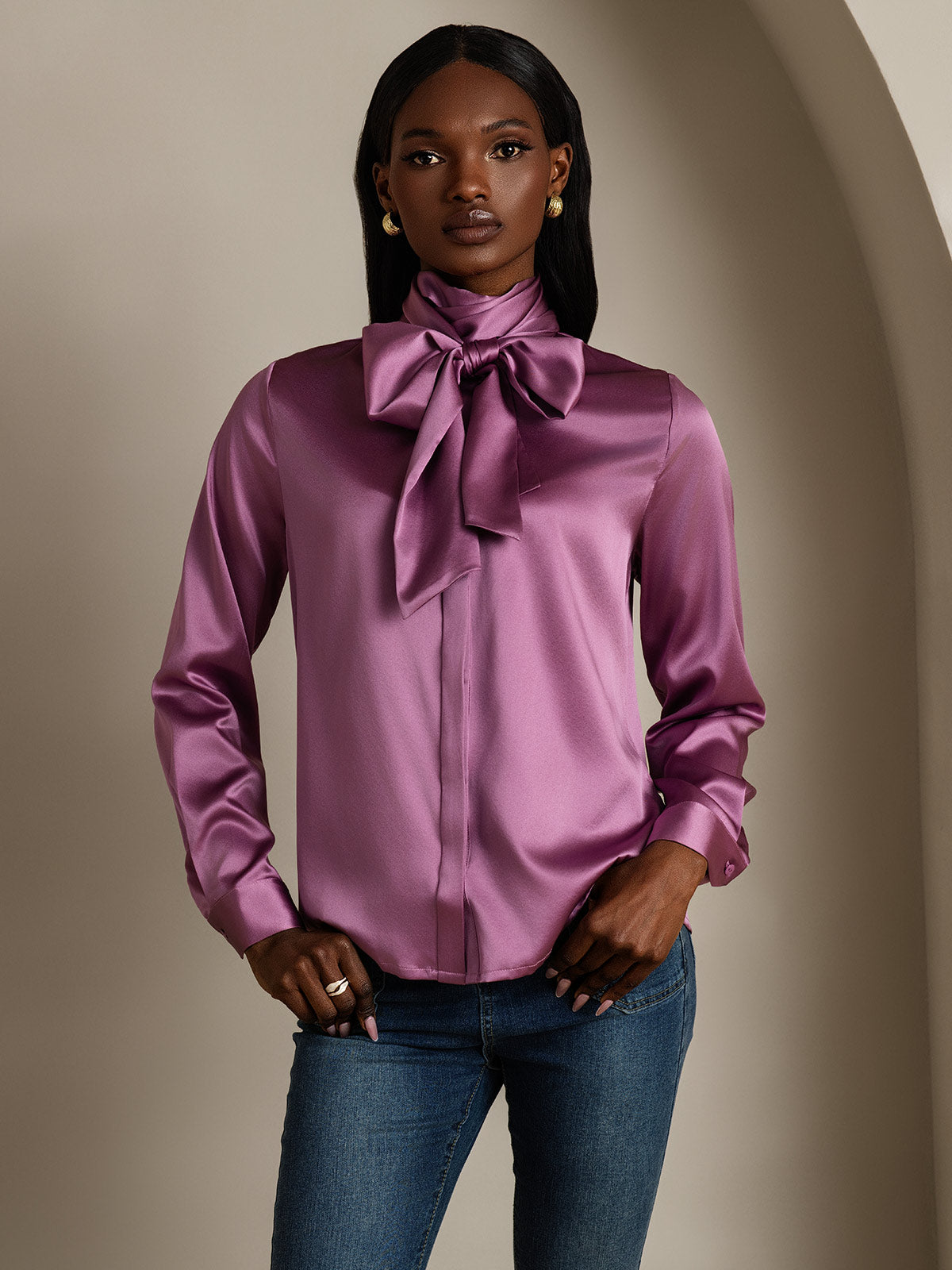 [Deep Purple] SilkSilky 19Momme Silk Long Sleeve Tie Neck Women's Shirt 001