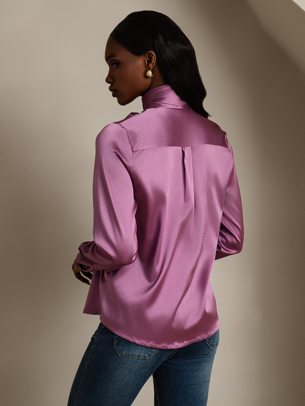 [Deep Purple] SilkSilky 19Momme Silk Long Sleeve Tie Neck Women's Shirt 002
