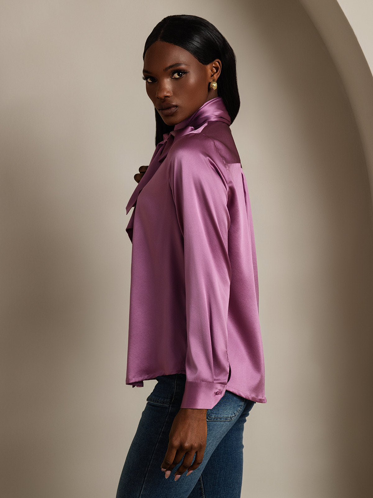 [Deep Purple] SilkSilky 19Momme Silk Long Sleeve Tie Neck Women's Shirt 004