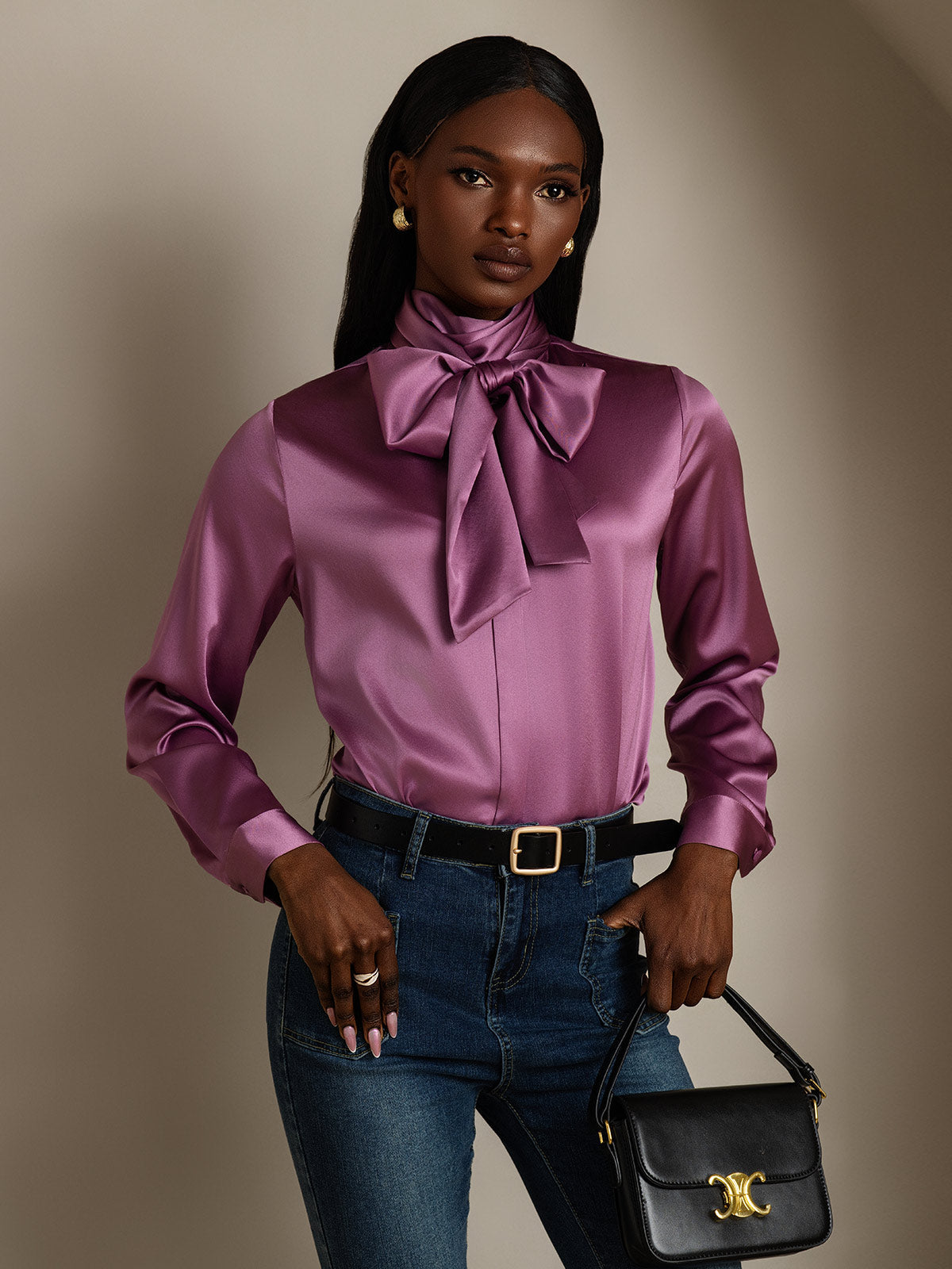 [Deep Purple] SilkSilky 19Momme Silk Long Sleeve Tie Neck Women's Shirt 005