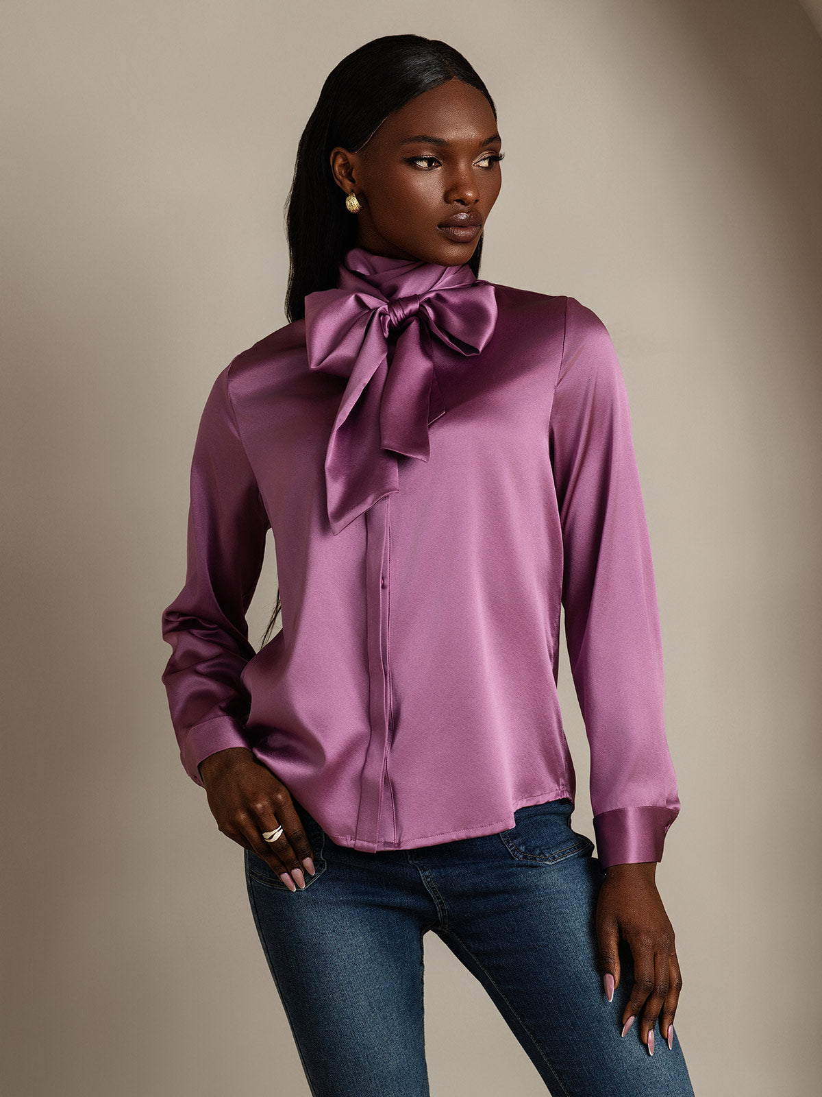 [Deep Purple] SilkSilky 19Momme Silk Long Sleeve Tie Neck Women's Shirt 006