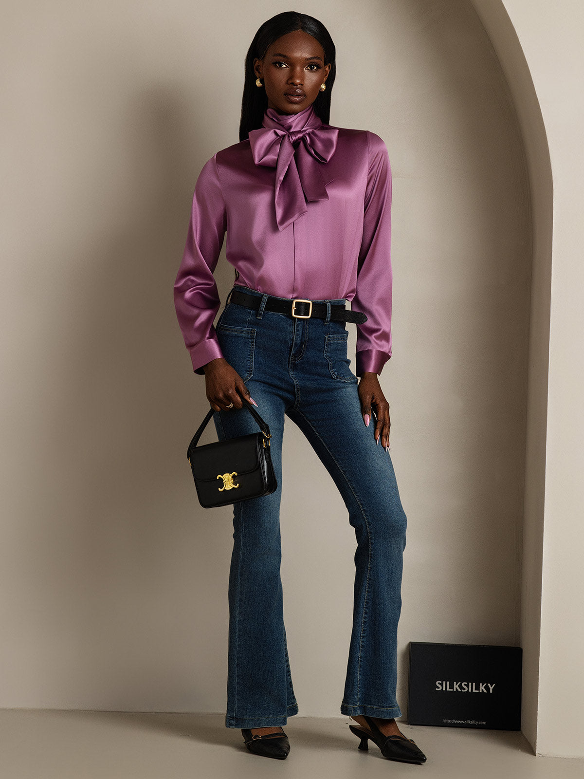 [Deep Purple] SilkSilky 19Momme Silk Long Sleeve Tie Neck Women's Shirt 007