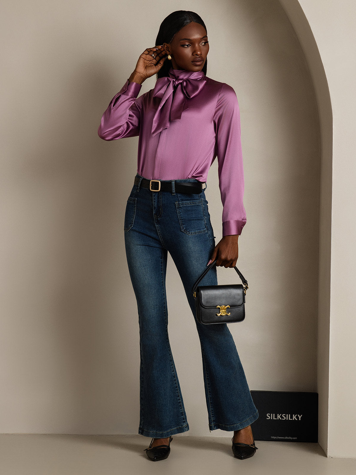 [Deep Purple] SilkSilky 19Momme Silk Long Sleeve Tie Neck Women's Shirt 008
