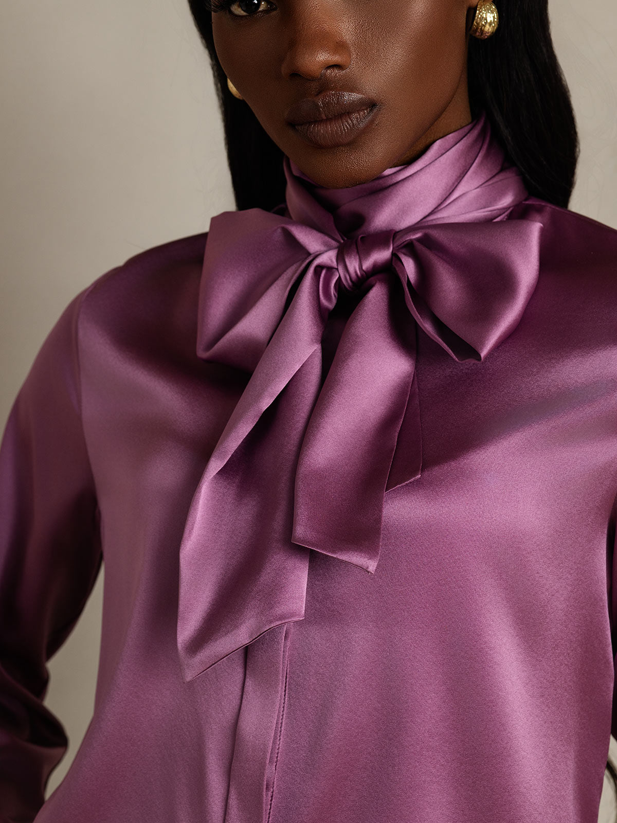 [Deep Purple] SilkSilky 19Momme Silk Long Sleeve Tie Neck Women's Shirt 009