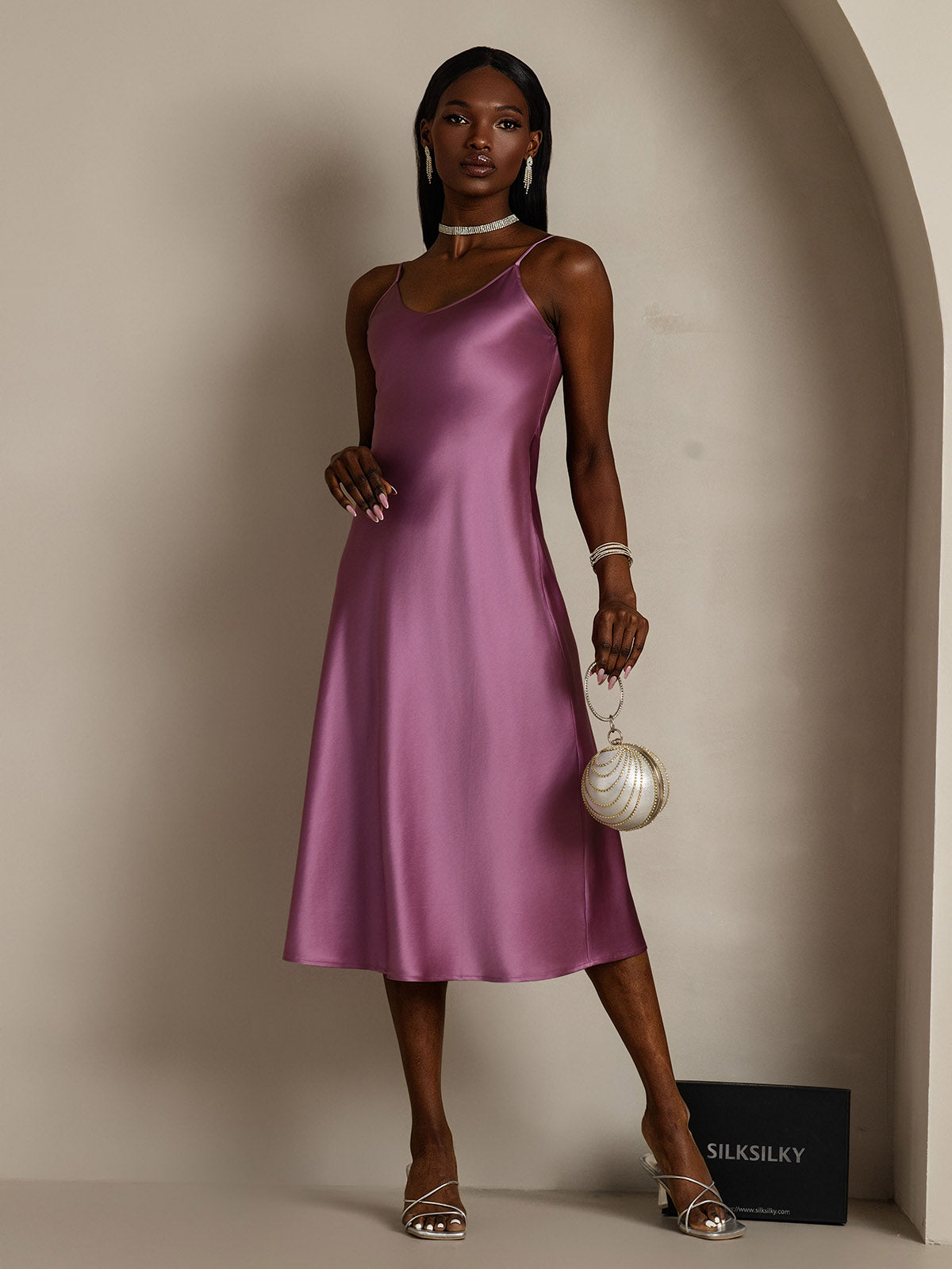 [Deep Purple] SilkSilky Pure Silk Sleeveless Boat Neck Nightgown 005