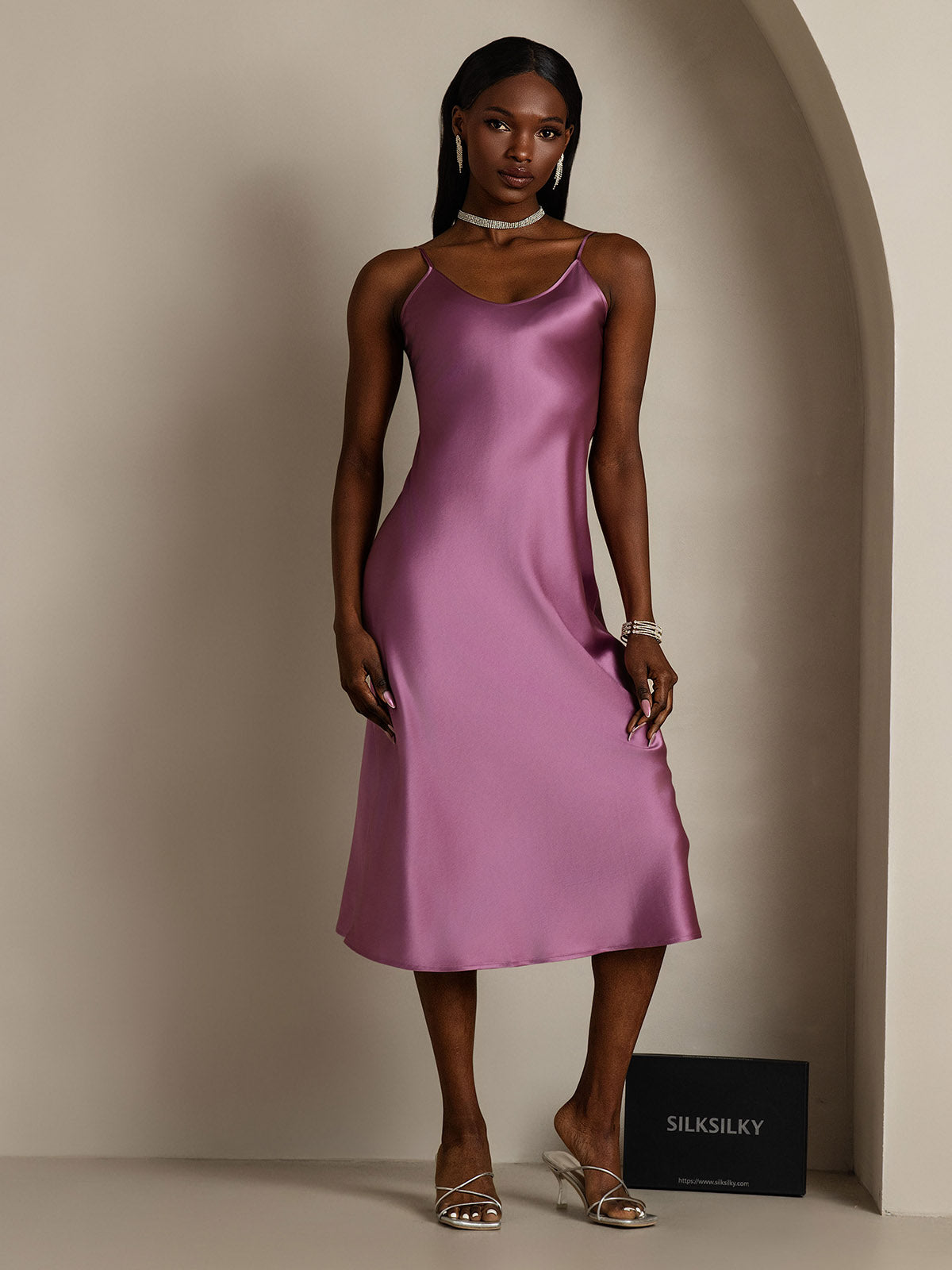 [Deep Purple] SilkSilky Pure Silk Sleeveless Round Neck Nightgown 003