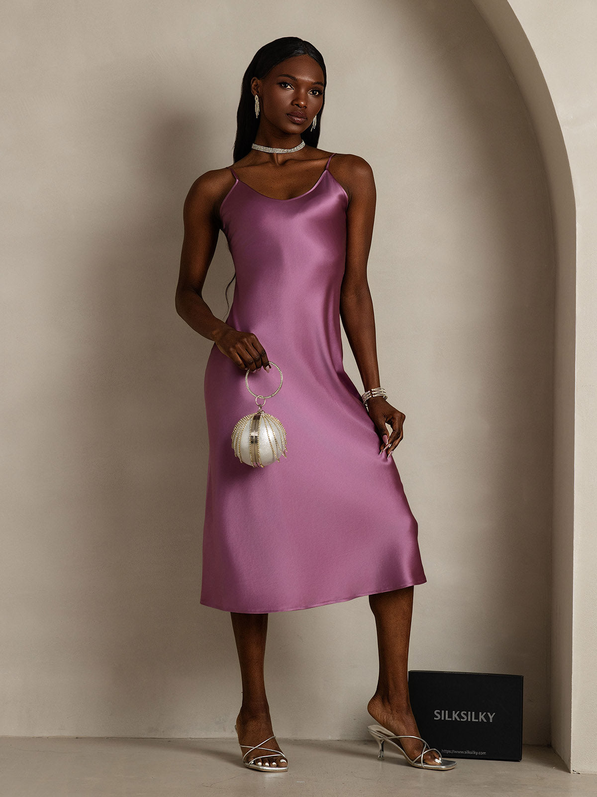 [Deep Purple] SilkSilky Pure Silk Sleeveless Round Neck Nightgown 006