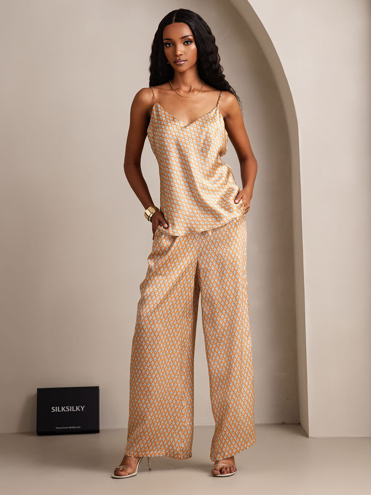 [Floral] SilkSilky  Pure Silk V Neck Camisole Set 001