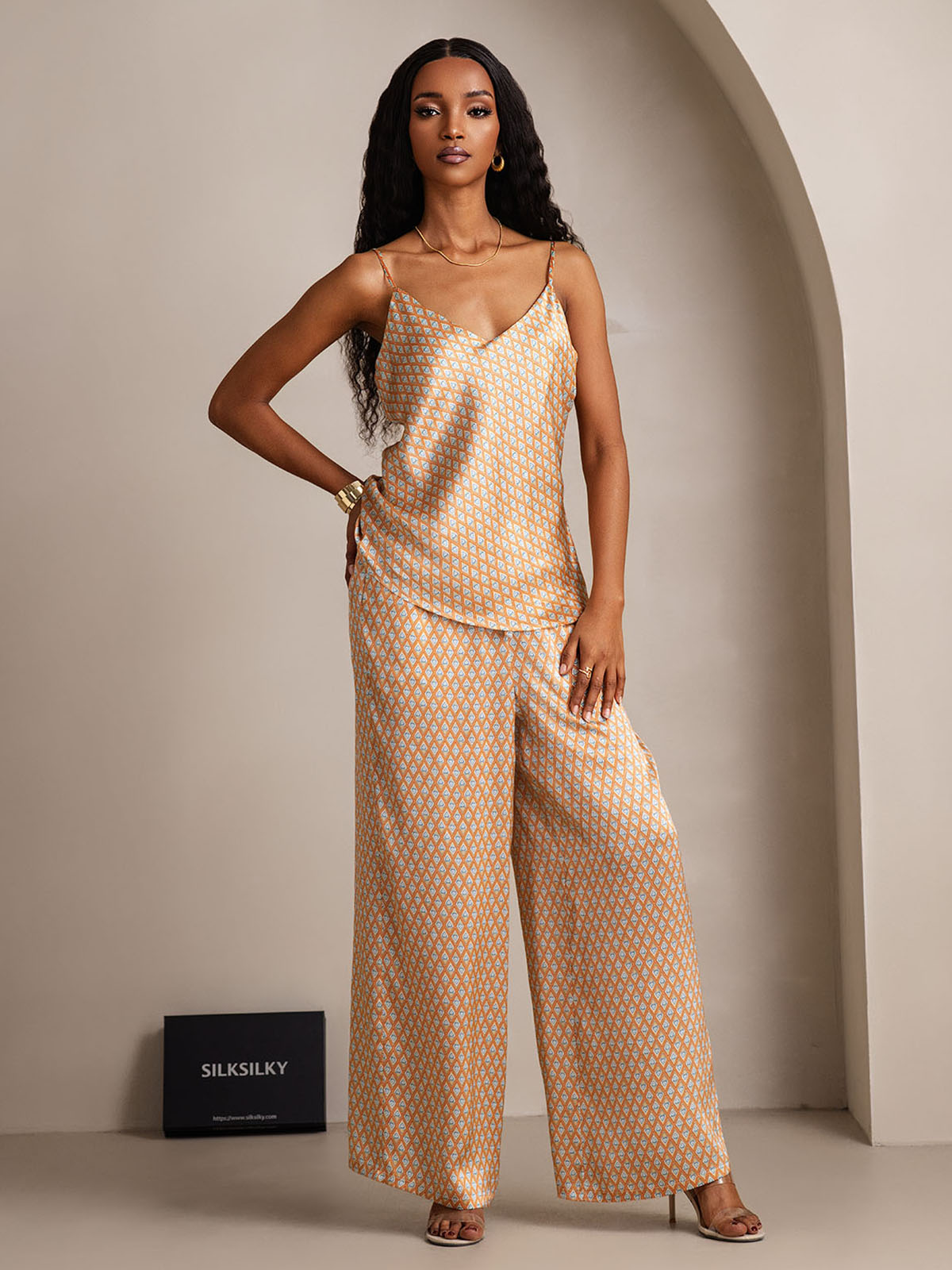 [Floral] SilkSilky  Pure Silk V Neck Camisole Set 005