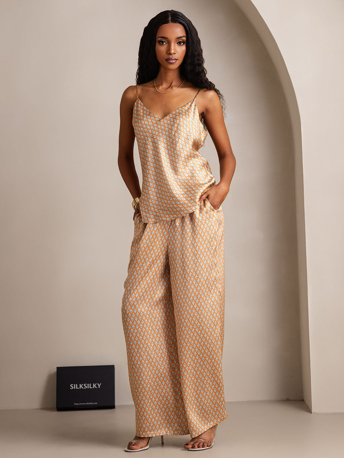 [Floral] SilkSilky  Pure Silk V Neck Camisole Set 006