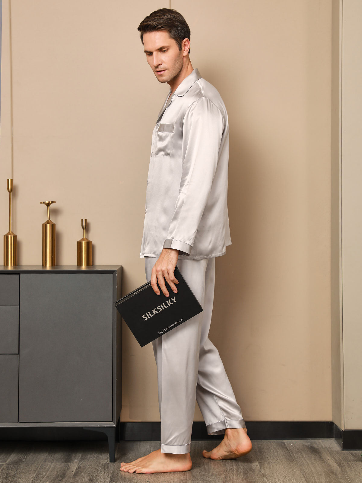 [Gray] SilkSilky 19Momme Pure Silk Long Sleeve Lapel Men's Pajamas 007