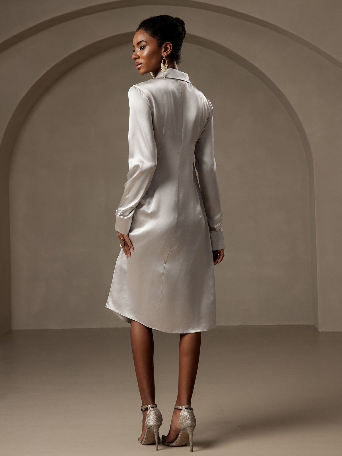 [Gray] SilkSilky 19Momme Silk Long Sleeve V Neck Dress 002