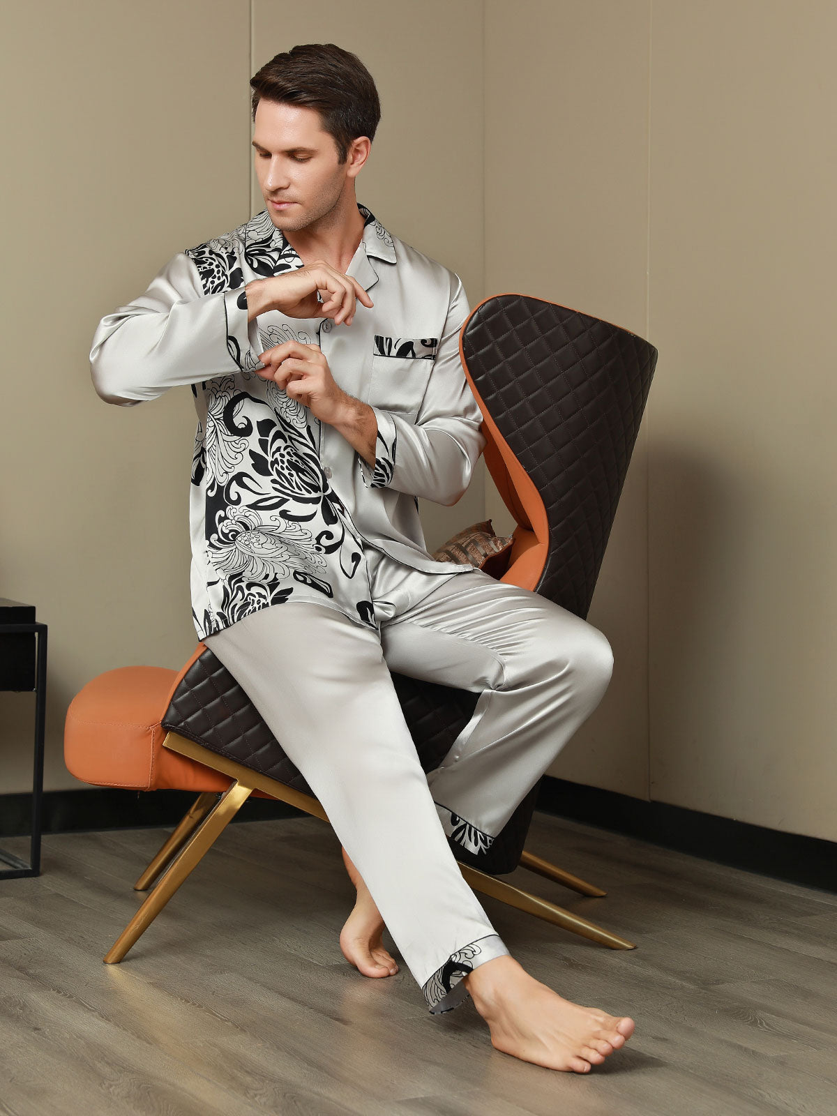 [Gray] SilkSilky Pure Silk Long Sleeve Lapel Men's Pajamas 001