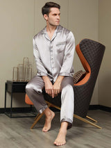 [Gray] SilkSilky Pure Silk Long Sleeve Lapel Men's Pajamas 001