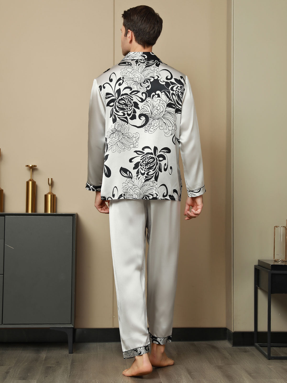 [Gray] SilkSilky Pure Silk Long Sleeve Lapel Men's Pajamas 002