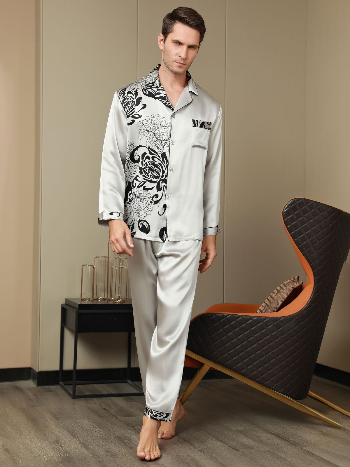 [Gray] SilkSilky Pure Silk Long Sleeve Lapel Men's Pajamas 004