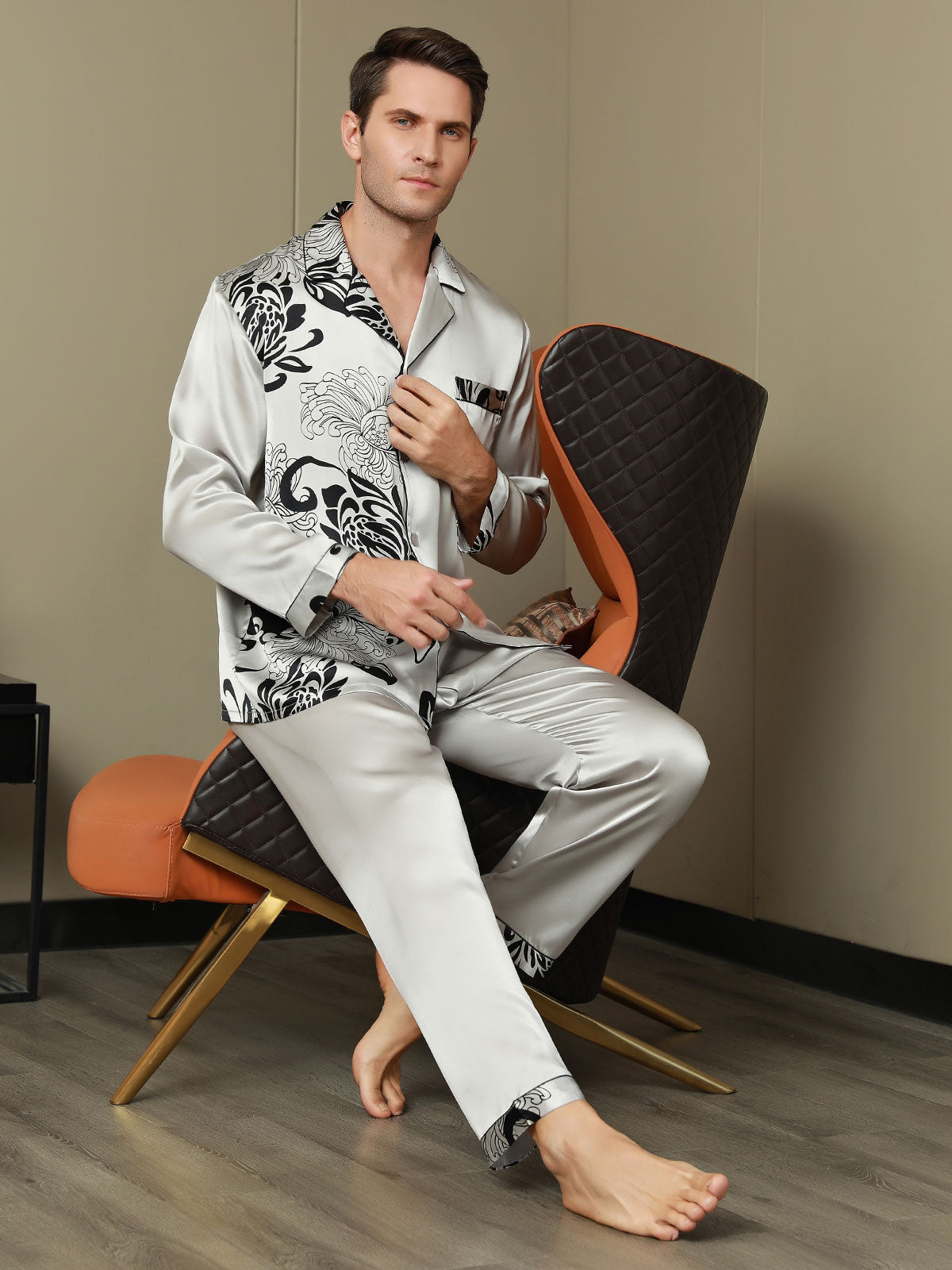 [Gray] SilkSilky Pure Silk Long Sleeve Lapel Men's Pajamas 005